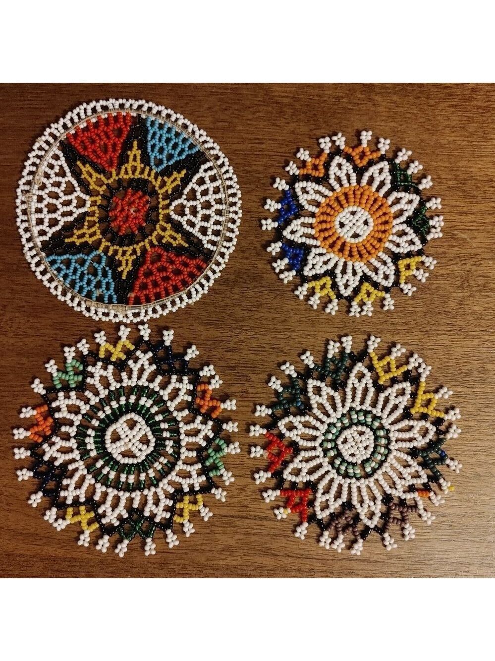VINTAGE HAND BEADED COASTER LOT OF 4 Mismatched Set Beaded Circles Sew On